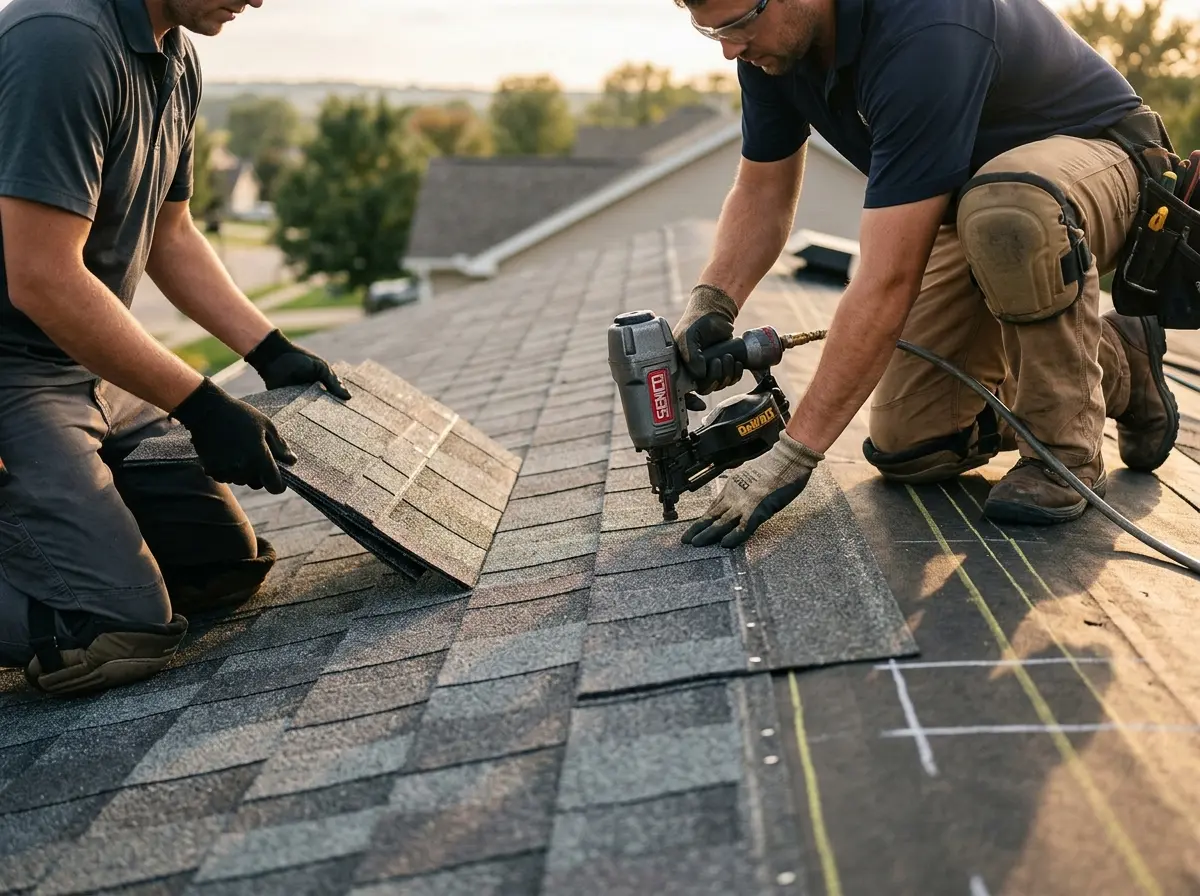 Professional roofer working on a residential roof in Parsons